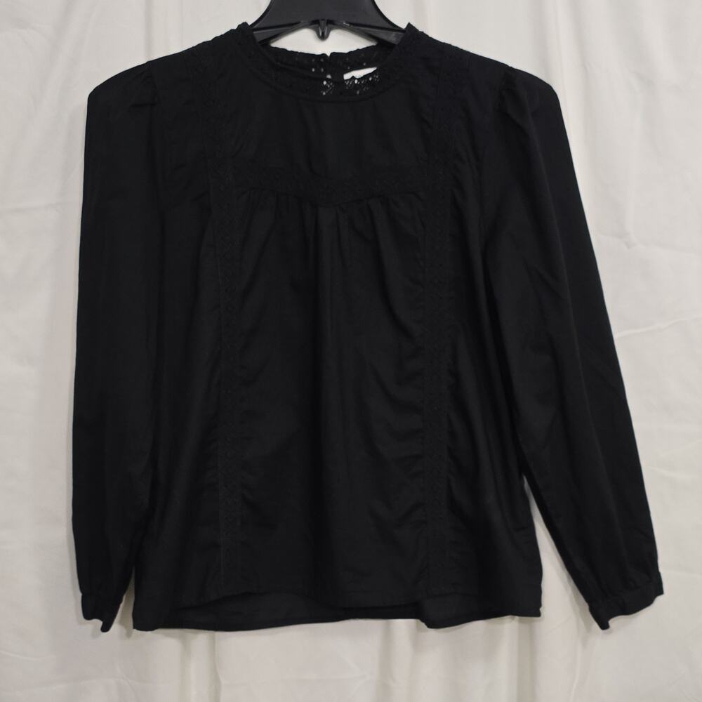 J.CREW Womens L Black 100% Cotton Lace Accent Long Sleeve Back Button Blouse
